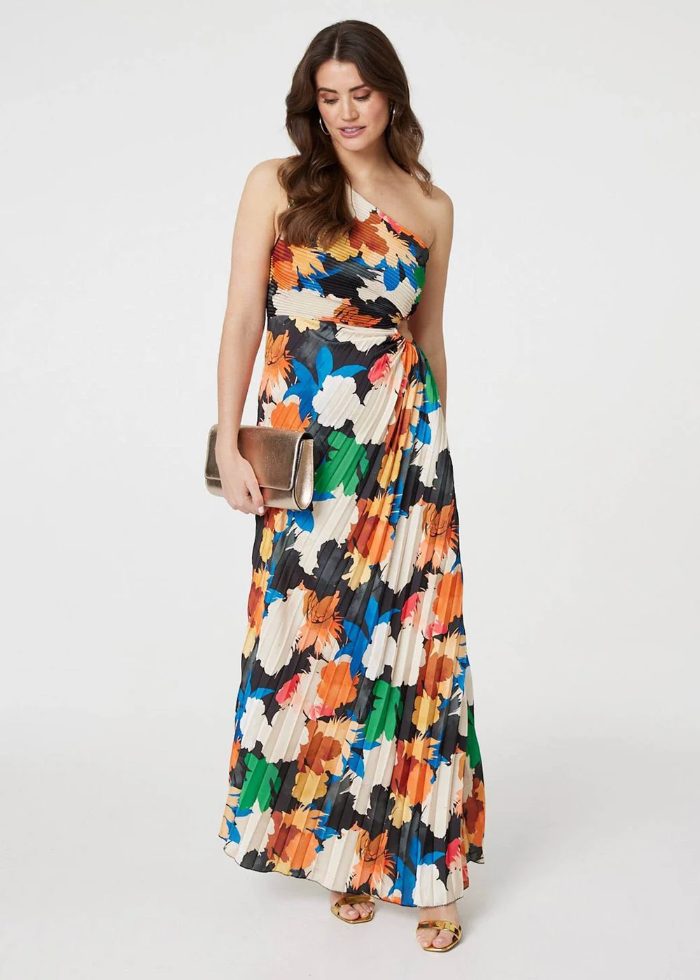 Izabel London Orange Floral One-Shoulder Pleated Maxi Dress - S Image 1