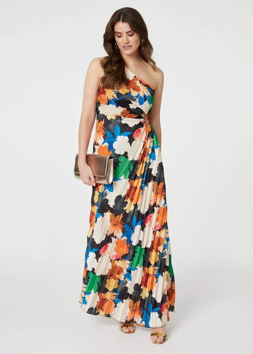 Izabel London Orange Floral One-Shoulder Pleated Maxi Dress - S Image 1
