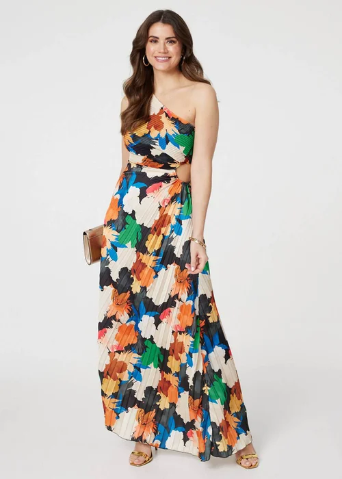 Izabel London Orange Floral One-Shoulder Pleated Maxi Dress - S Image 4