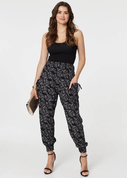 Izabel London Black Feather Print High Waist Harem Pants - 8 Image 1