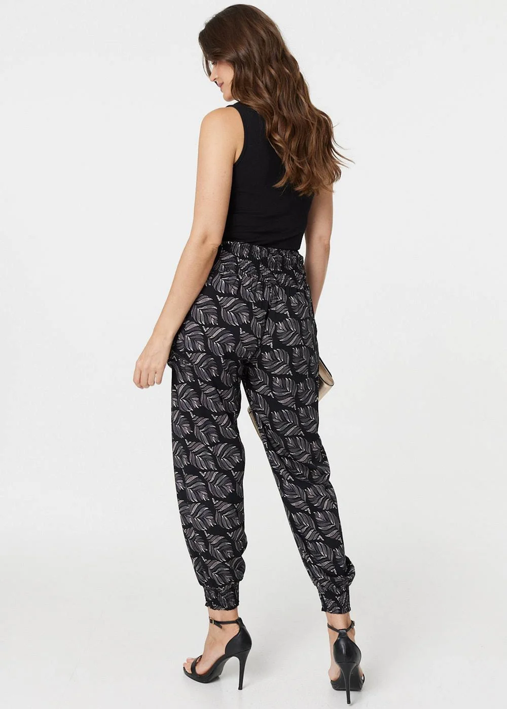 Izabel London Black Feather Print High Waist Harem Pants - 8 Image 2