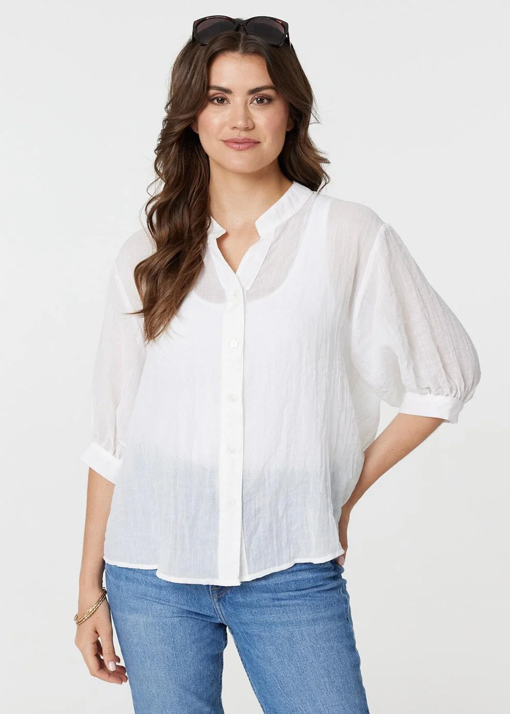 Izabel London White Collarless Button Back 3/4 Sleeve Blouse - Size 14 Image 1