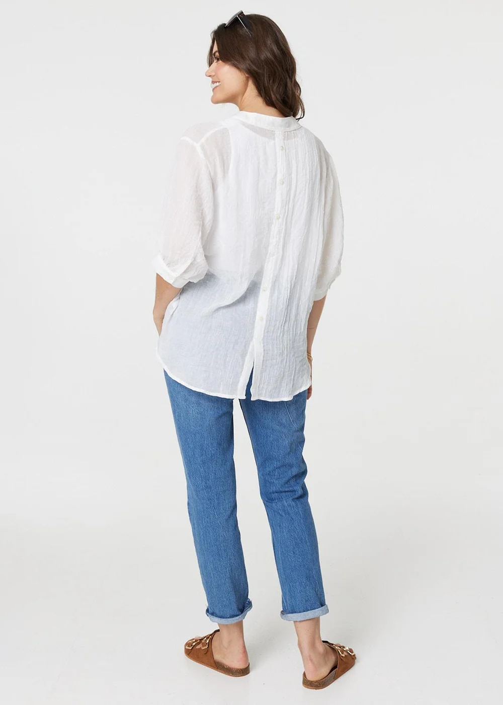 Izabel London White Collarless Button Back 3/4 Sleeve Blouse - Size 14 Image 2