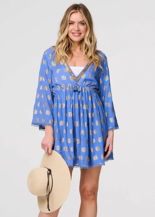 Izabel London Blue Foiled Leaf Print Short Beach Dress - 14 Image 1