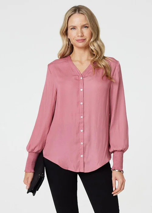 Izabel London Pink Collarless Button Up Long Sleeve Shirt - 8 Image 1