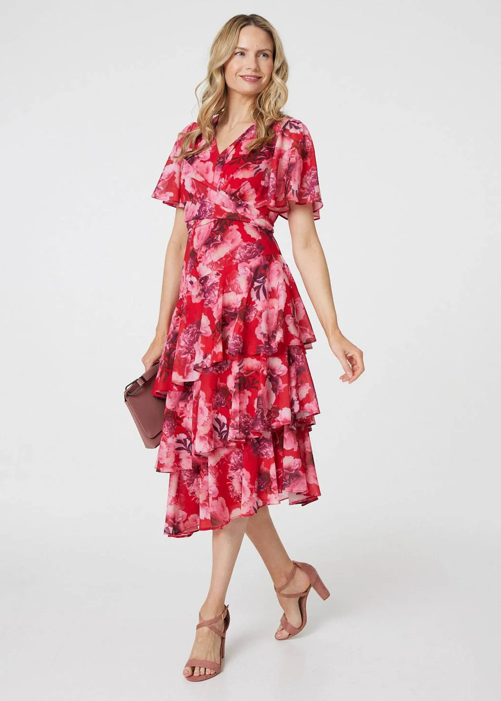 Izabel London Red Floral Asymmetric Ruffled Midi Dress - 12 Image 4