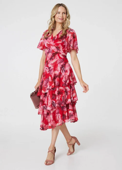 Izabel London Red Floral Asymmetric Ruffled Midi Dress - 12 Image 4