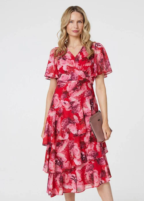Izabel London Red Floral Asymmetric Ruffled Midi Dress - 12 Image 1