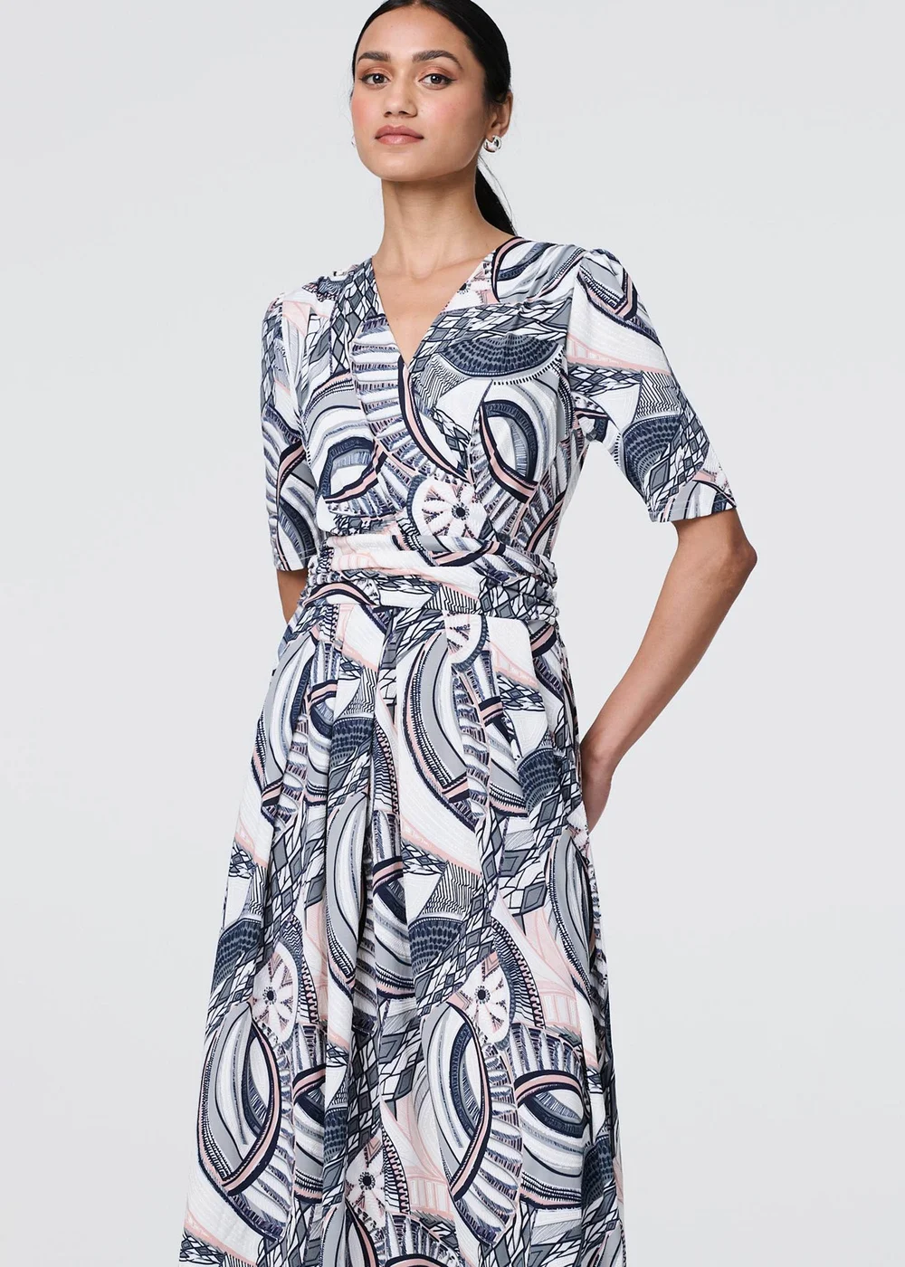 Izabel London Navy Printed 1/2 Sleeve Knee Length Wrap Dress - 10 Image 4