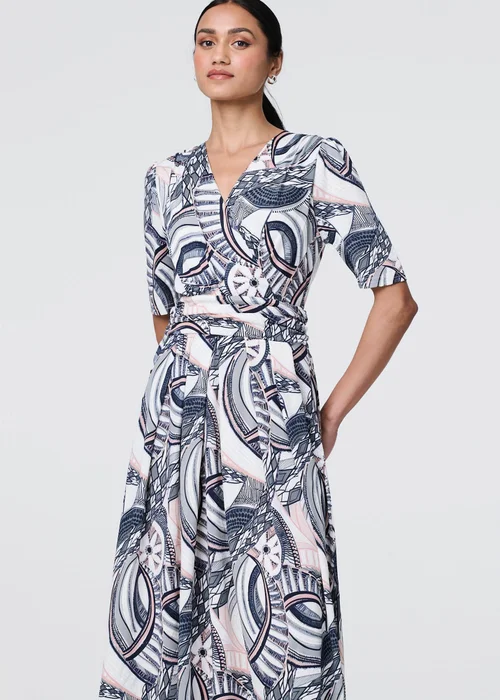 Izabel London Navy Printed 1/2 Sleeve Knee Length Wrap Dress - 10 Image 4