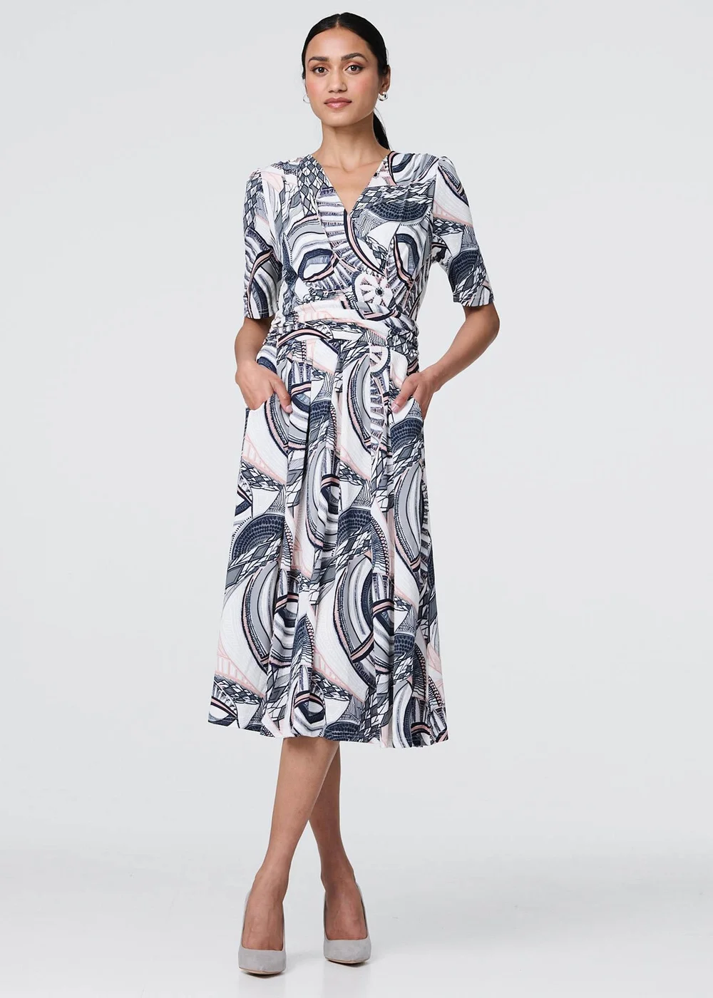 Izabel London Navy Printed 1/2 Sleeve Knee Length Wrap Dress - 10 Image 1