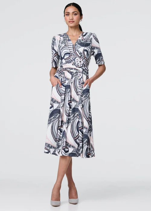 Izabel London Navy Printed 1/2 Sleeve Knee Length Wrap Dress - 10 Image 1