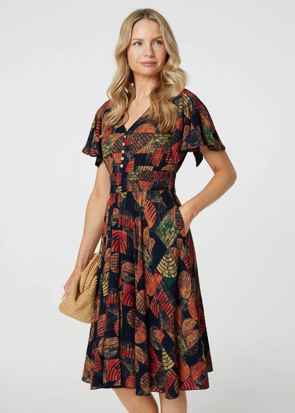 Izabel London Orange Leaf Print V-Neck Knee Length Smock Dress - 10 Image 1