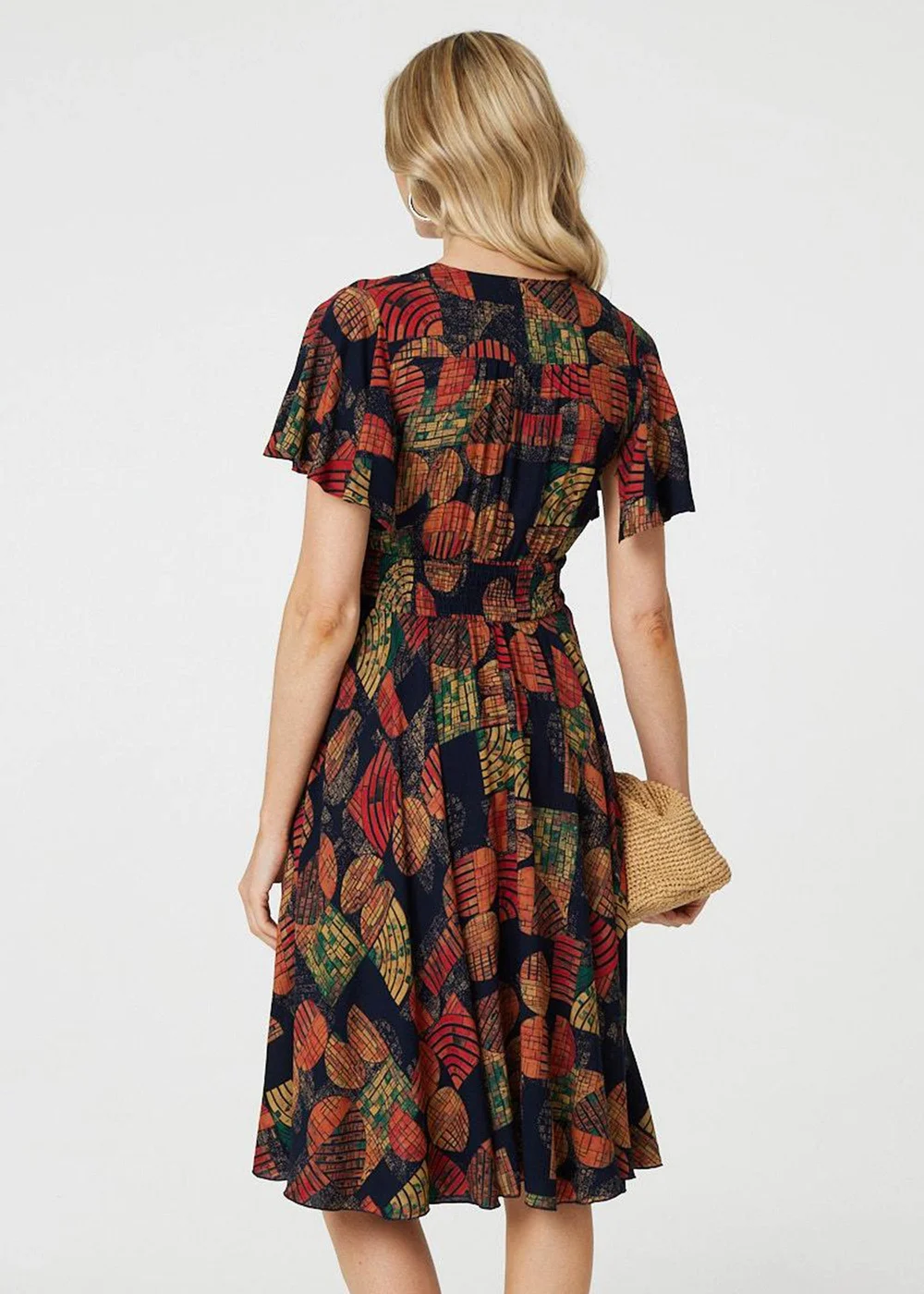 Izabel London Orange Leaf Print V-Neck Knee Length Smock Dress - 10 Image 2