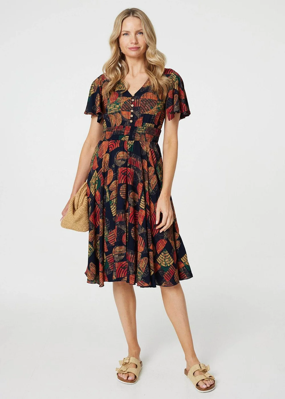 Izabel London Orange Leaf Print V-Neck Knee Length Smock Dress - 10 Image 4