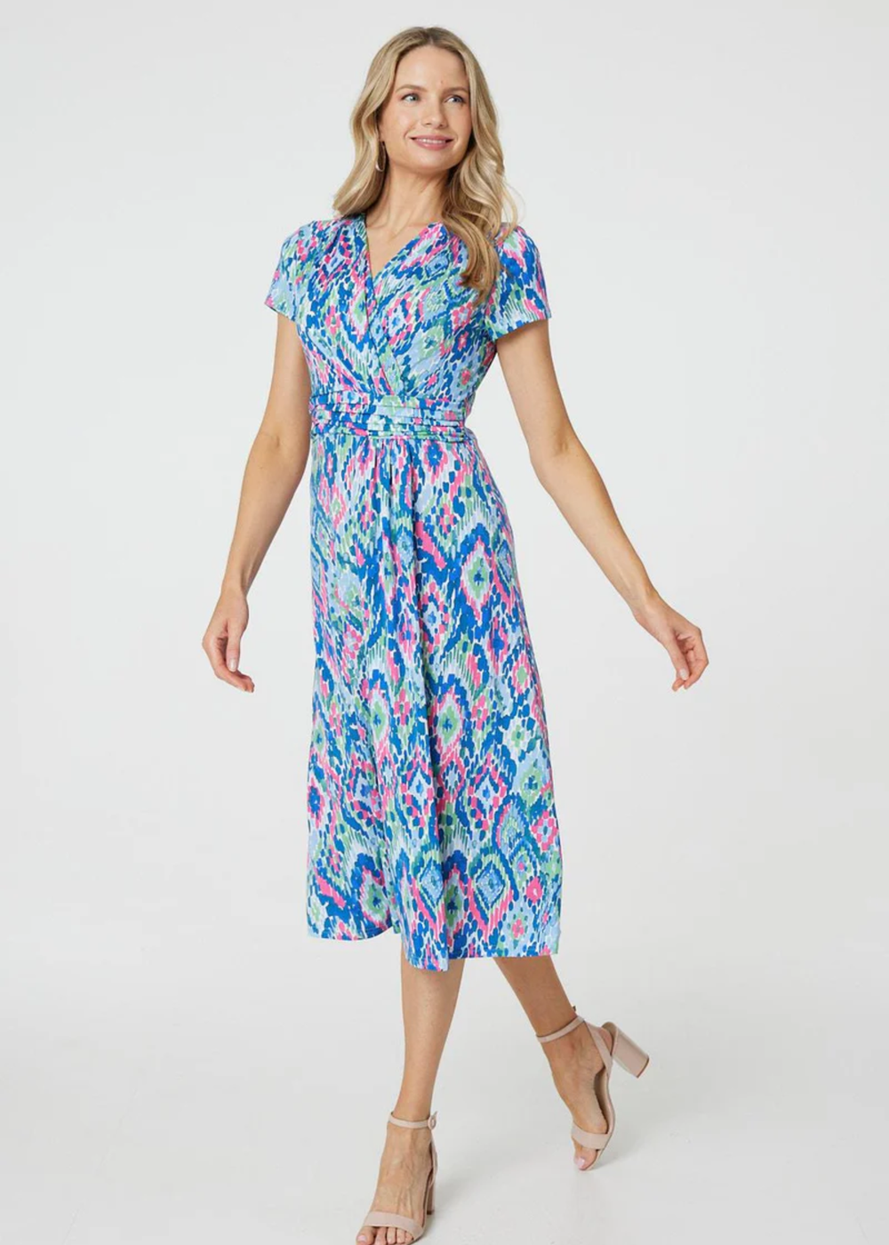 Izabel London Blue Printed Ruched Faux-Wrap Midi Dress - 8 Image 1