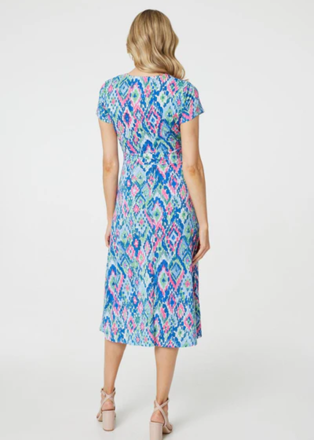 Izabel London Blue Printed Ruched Faux-Wrap Midi Dress - 8 Image 2