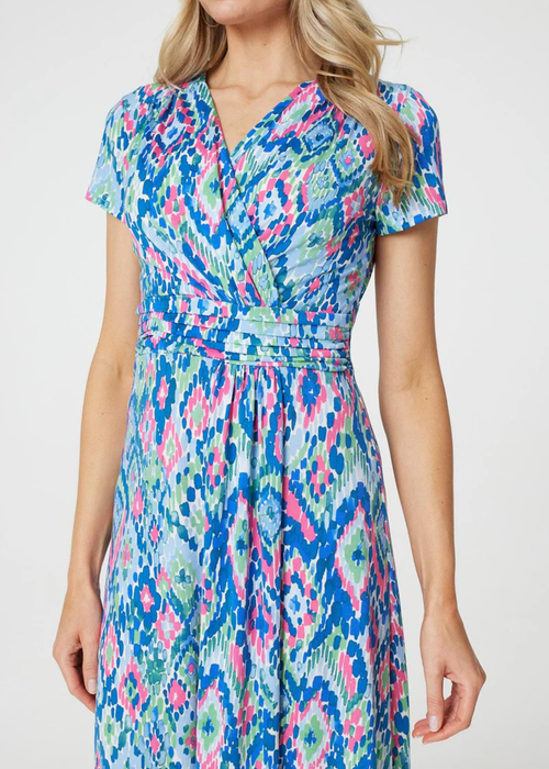 Izabel London Blue Printed Ruched Faux-Wrap Midi Dress - 8 Image 4