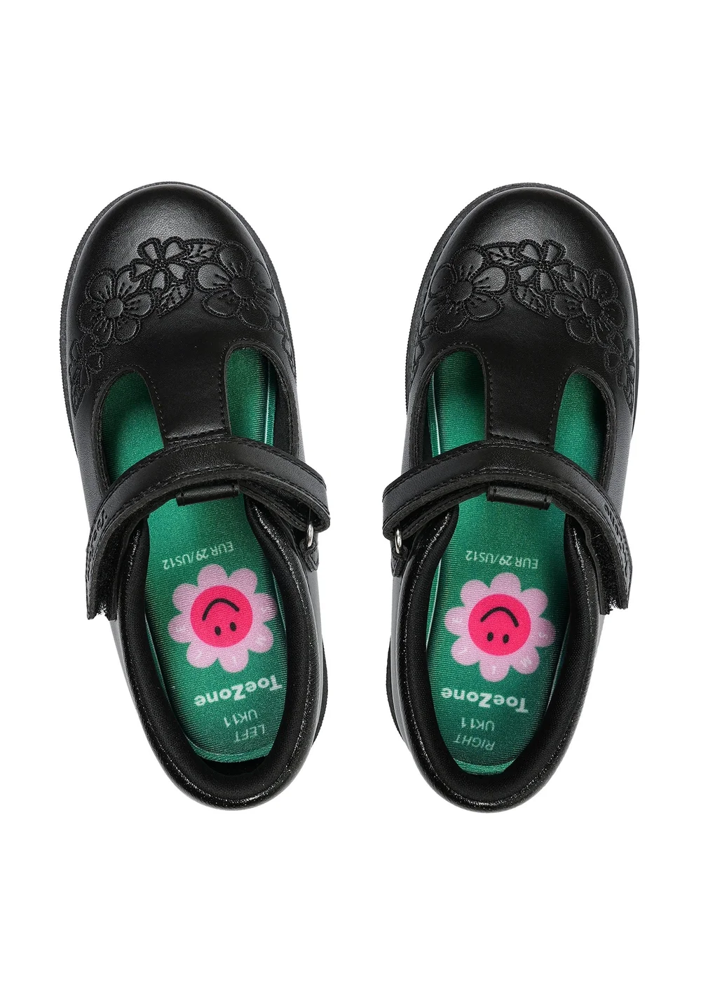 ToeZone Girls Black Kat Coated Leather Rip Tape Flower School Shoe (Younger 6 - 13) - 6 Intants Image 3