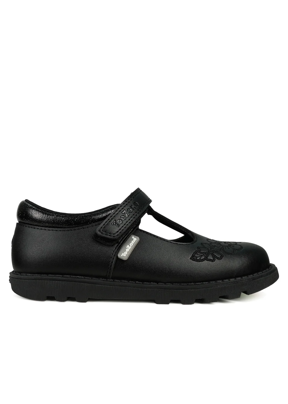 ToeZone Girls Black Kat Coated Leather Rip Tape Flower School Shoe (Younger 6 - 13) - 6 Intants Image 2