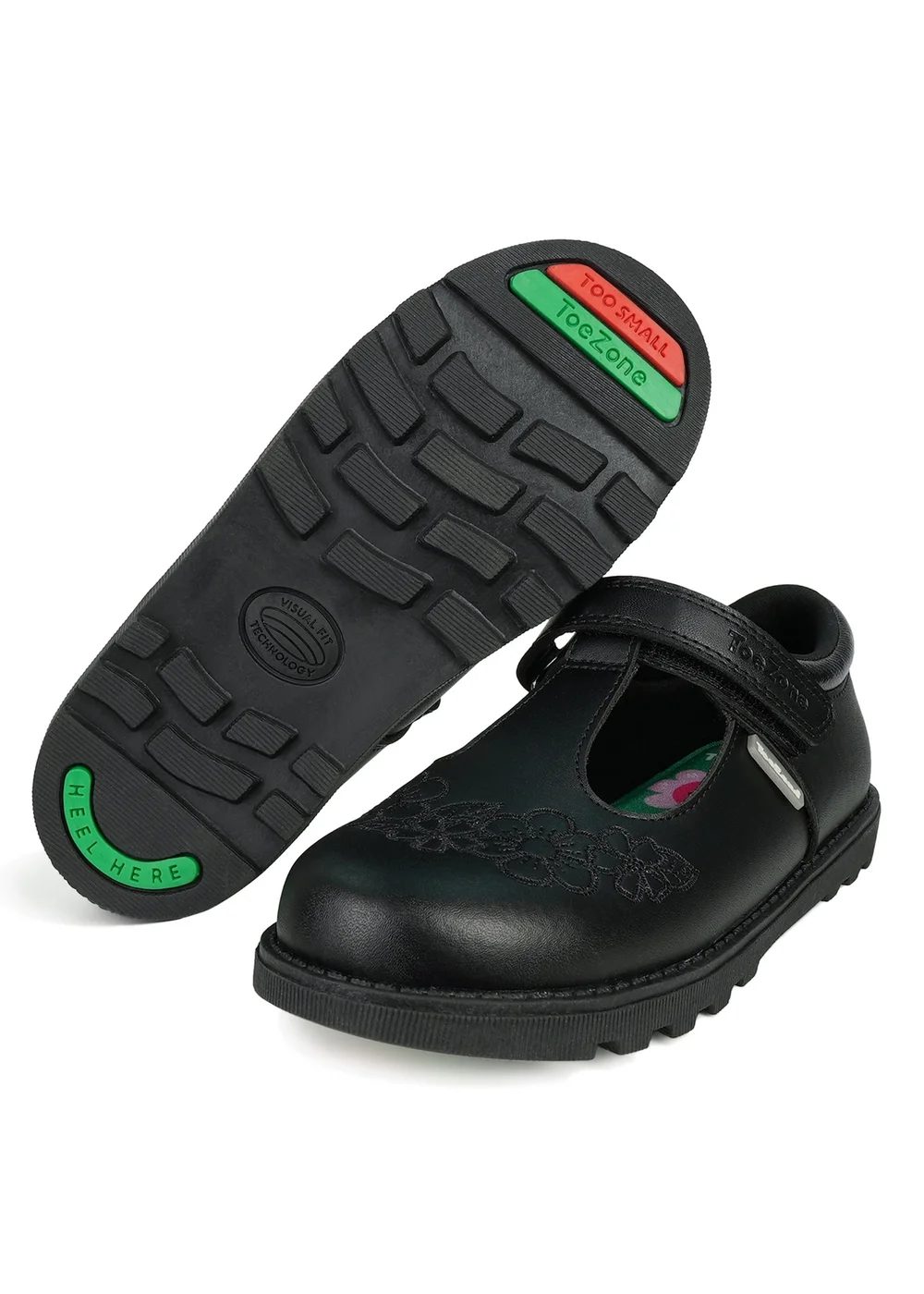 ToeZone Girls Black Kat Coated Leather Rip Tape Flower School Shoe (Younger 6 - 13) - 6 Intants Image 1