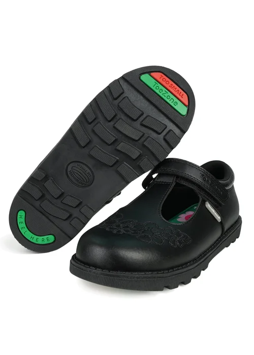 ToeZone Girls Black Kat Coated Leather Rip Tape Flower School Shoe (Younger 6 - 13) - 6 Intants Image 1