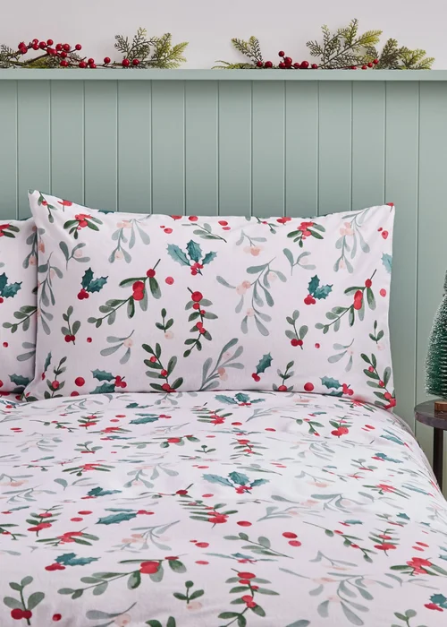 Catherine Lansfield Cotton Christmas Holly and Mistletoe Duvet Cover Set - Single Image 3