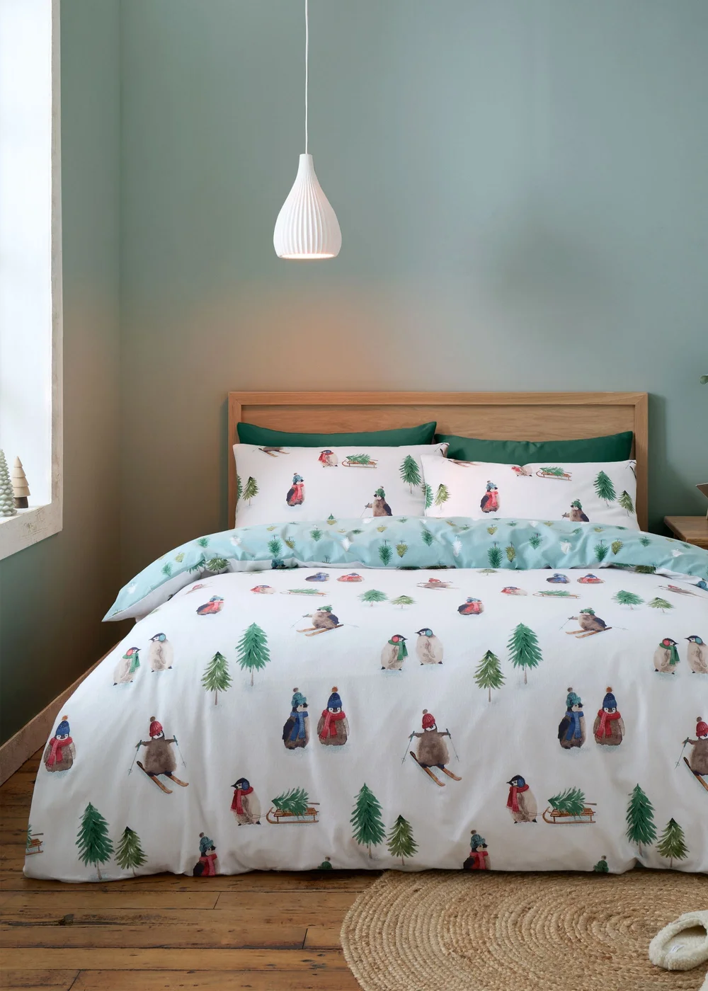 Catherine Lansfield Brushed Snowy Penguin Reversible Duvet Cover Set - Single Image 1