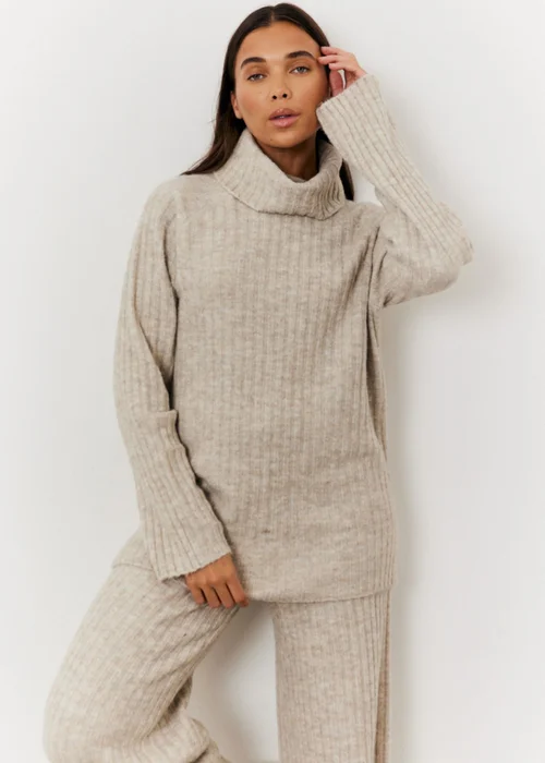 In The Style Oatmeal Wide Rib Roll Neck Knit Jumper - 22-24 Image 1
