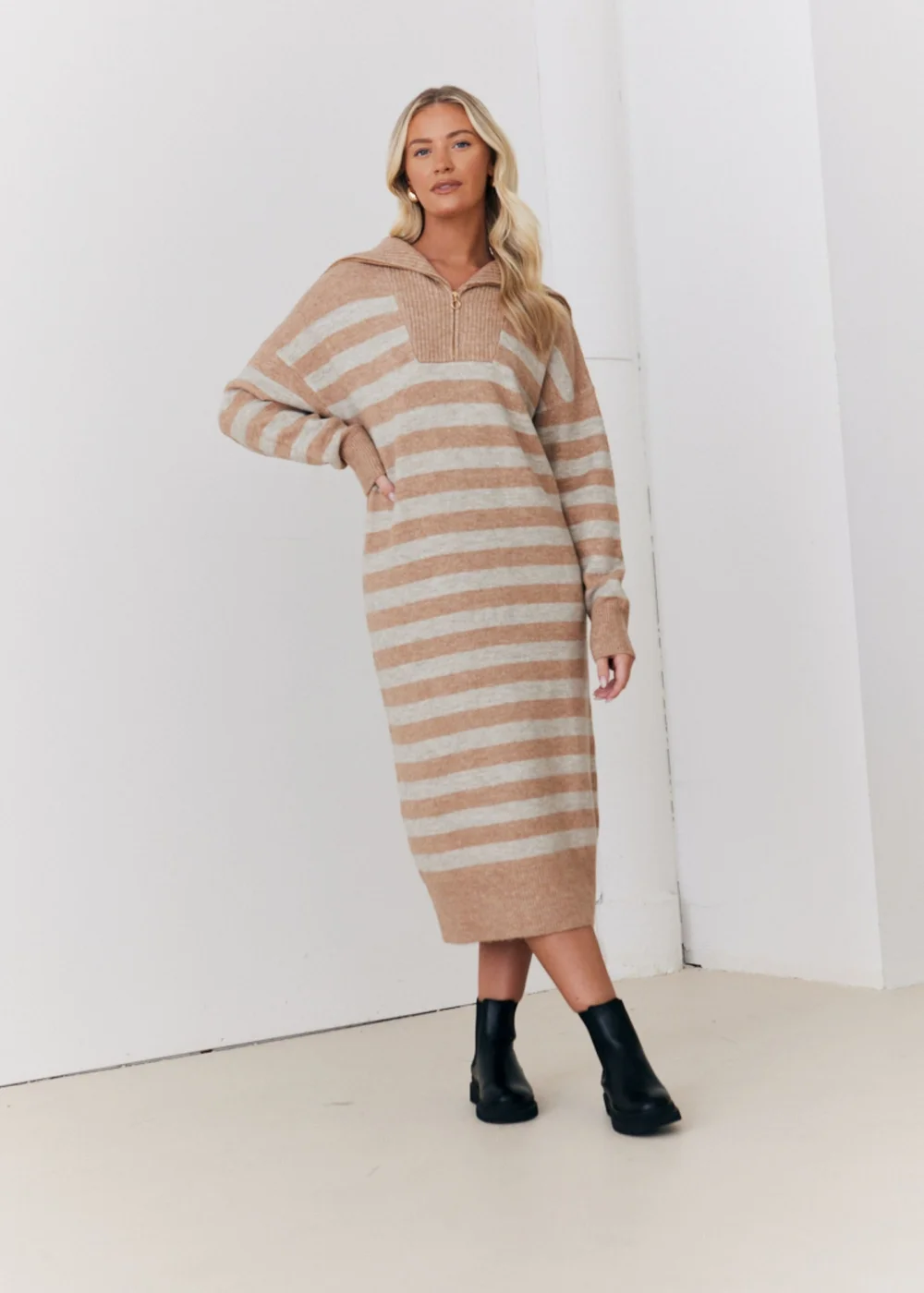 In The Style Stacey Solomon Camel Stripe Half Zip Midaxi Knitted Dress - 06-08 Image 5