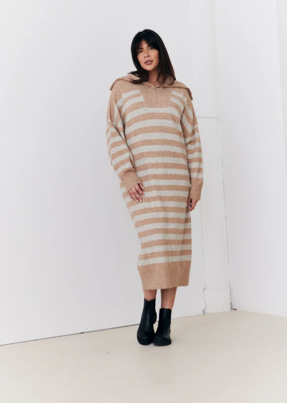 In The Style Stacey Solomon Camel Stripe Half Zip Midaxi Knitted Dress - 06-08 Image 1