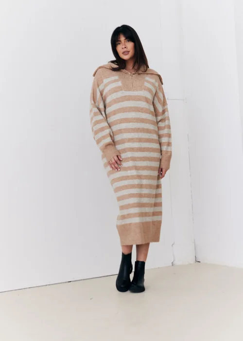 In The Style Stacey Solomon Camel Stripe Half Zip Midaxi Knitted Dress - 06-08 Image 1
