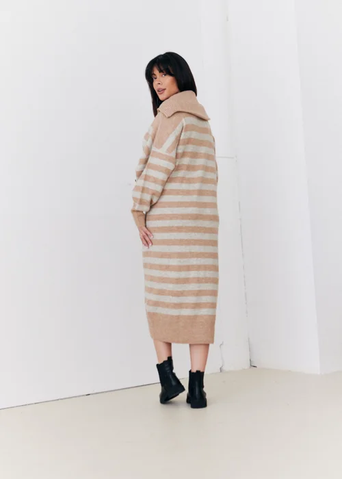 In The Style Stacey Solomon Camel Stripe Half Zip Midaxi Knitted Dress - 06-08 Image 2