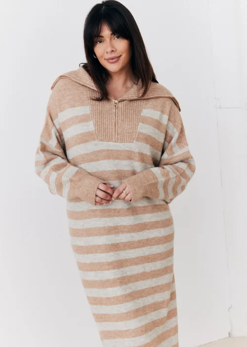 In The Style Stacey Solomon Camel Stripe Half Zip Midaxi Knitted Dress - 06-08 Image 3
