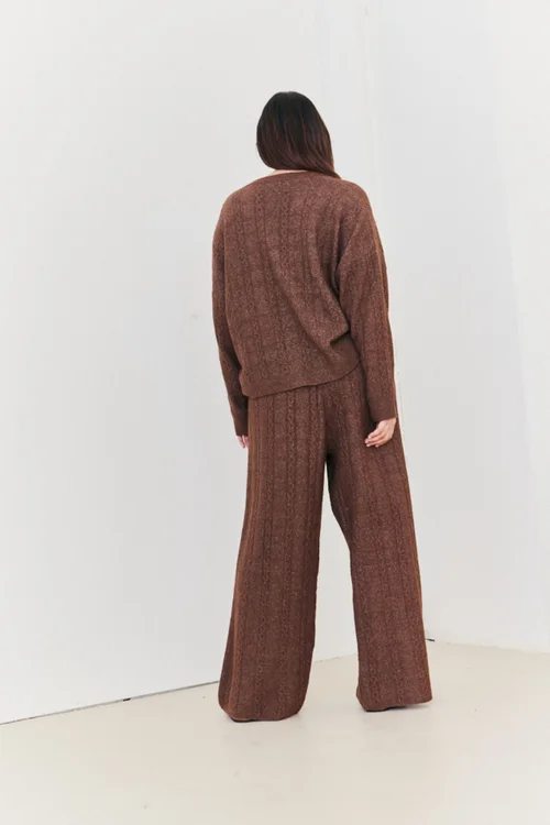 In The Style Chocolate Wide Leg Cable Knit Trousers - 26-28 Image 6