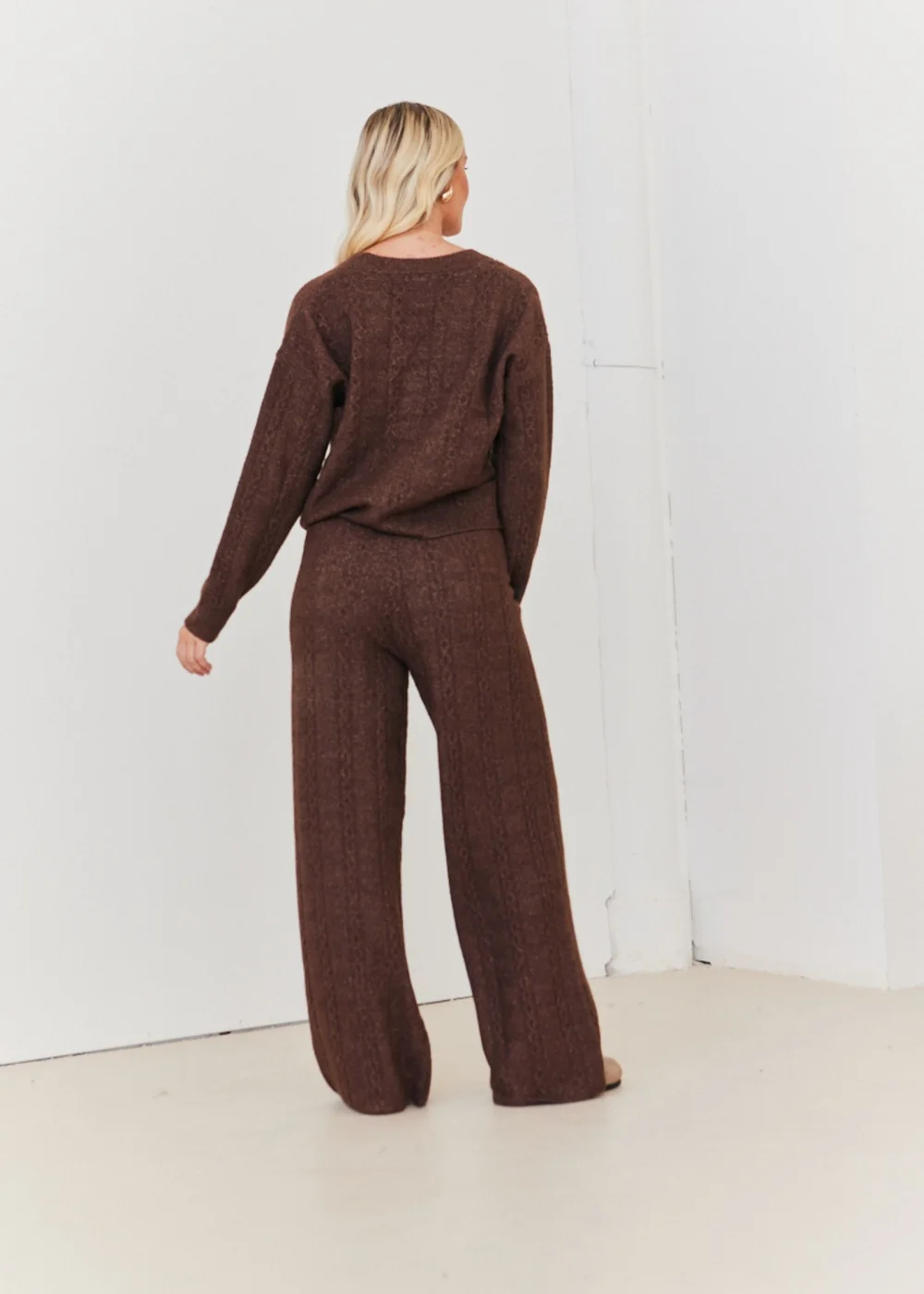 In The Style Chocolate Wide Leg Cable Knit Trousers - 26-28 Image 2