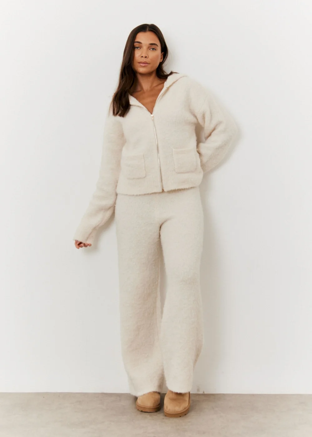 In The Style Cream Fluffy Knit Wide Leg Trousers - 22-24 Image 1