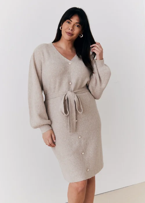 In The Style Stacey Solomon Oatmeal Pearl Button Detail Knit Belted Mini Dress - 06-08 Image 3