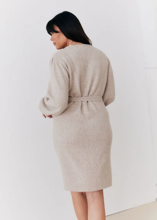 In The Style Stacey Solomon Oatmeal Pearl Button Detail Knit Belted Mini Dress - 06-08 Image 4