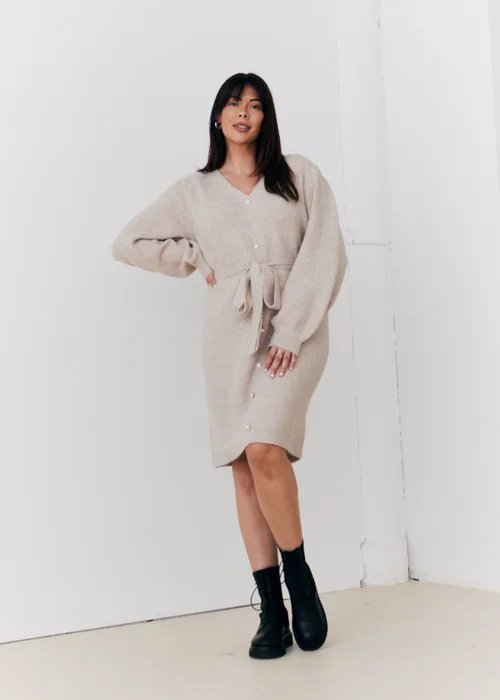 In The Style Stacey Solomon Oatmeal Pearl Button Detail Knit Belted Mini Dress - 06-08 Image 1