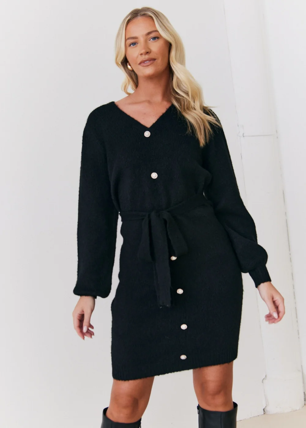 In The Style Stacey Solomon Black Pearl Button Detail Knit Belted Mini Dress - 26-28 Image 1