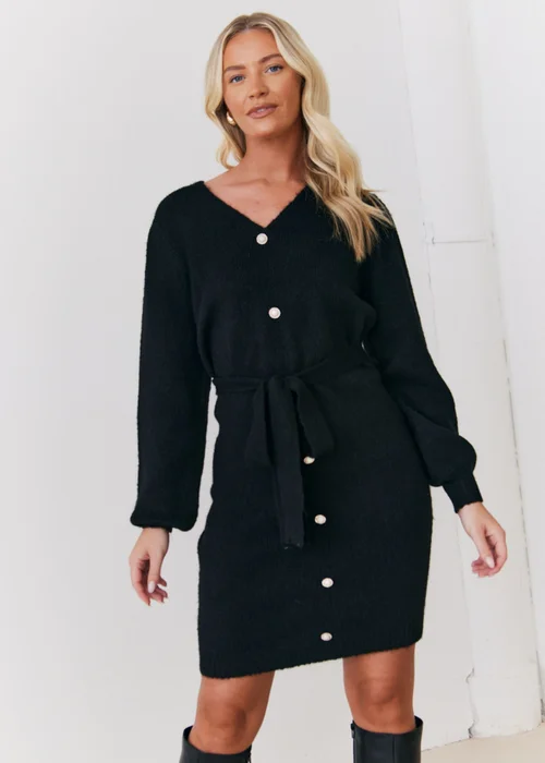 In The Style Stacey Solomon Black Pearl Button Detail Knit Belted Mini Dress - 26-28 Image 1