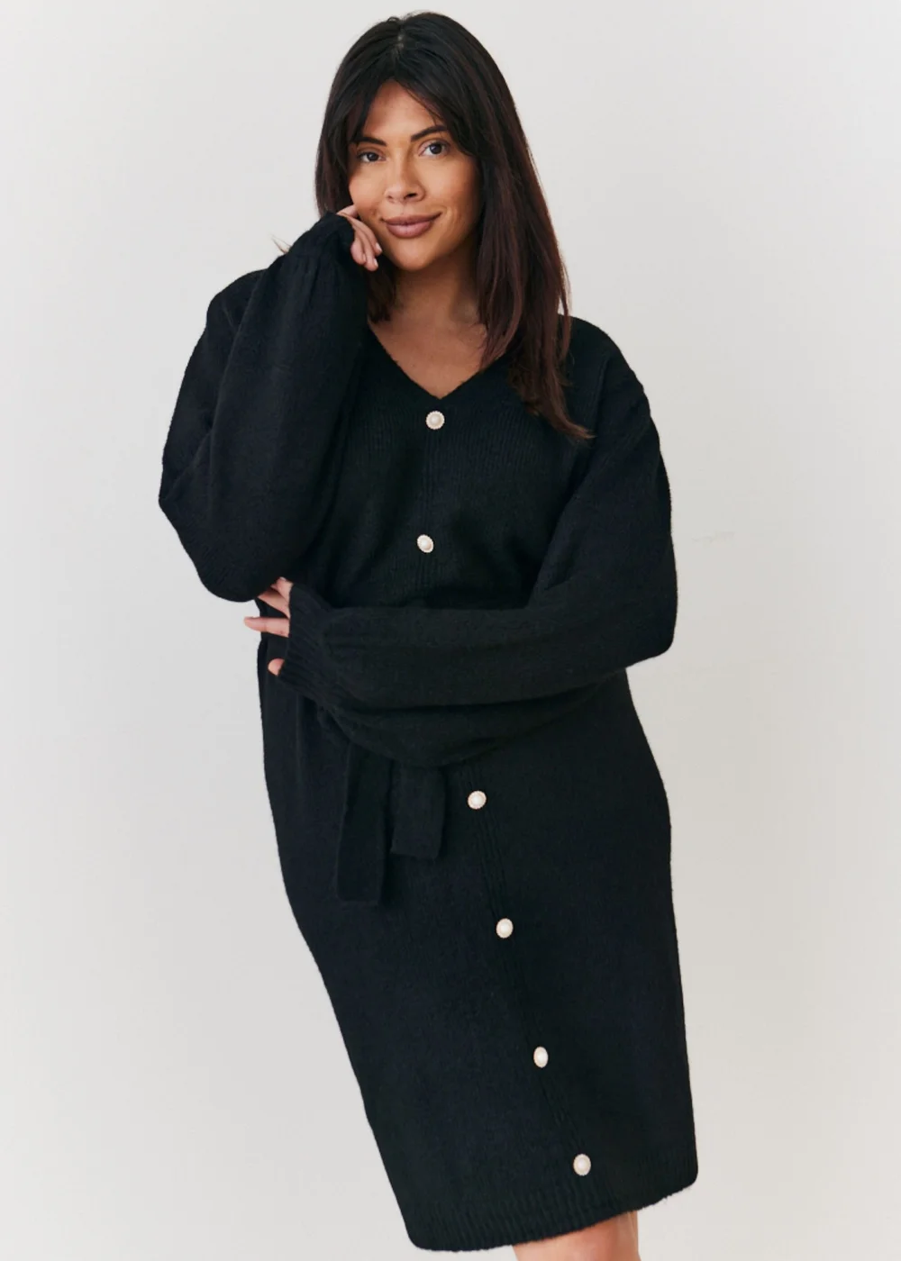 In The Style Stacey Solomon Black Pearl Button Detail Knit Belted Mini Dress - 26-28 Image 4
