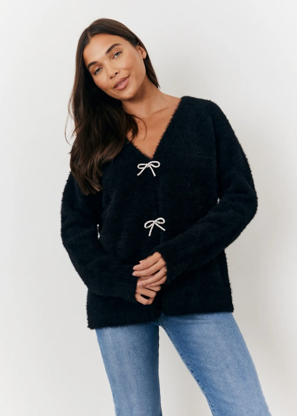 In The Style Stacey Solomon Black Fluffy Knit Embellished Bow Detail Cardigan - 06-08 Image 1