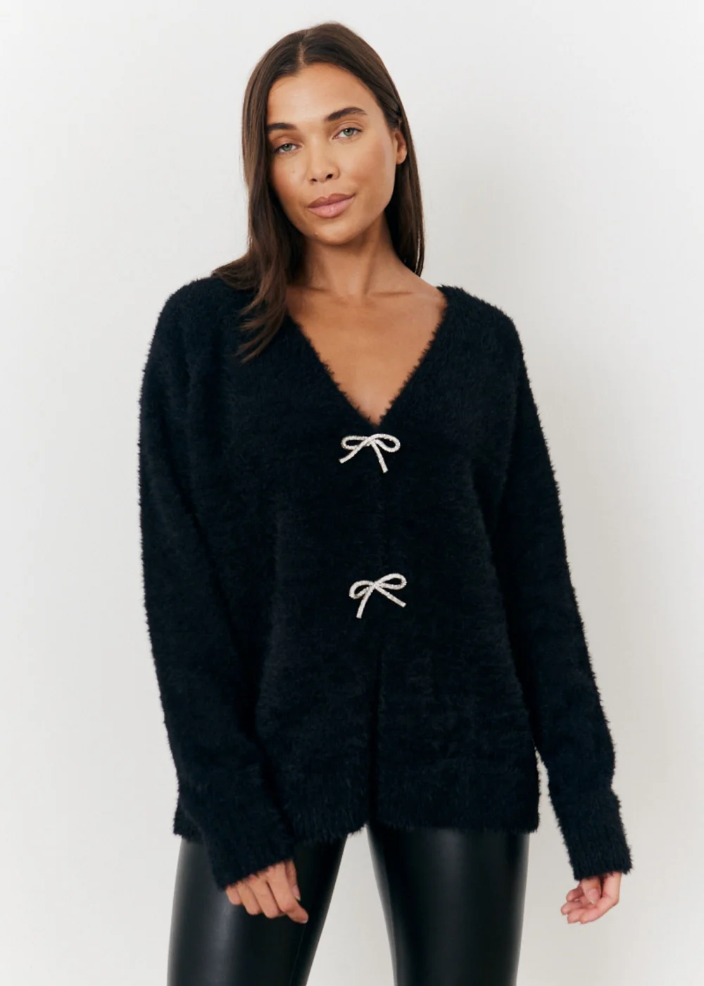 In The Style Stacey Solomon Black Fluffy Knit Embellished Bow Detail Cardigan - 06-08 Image 3