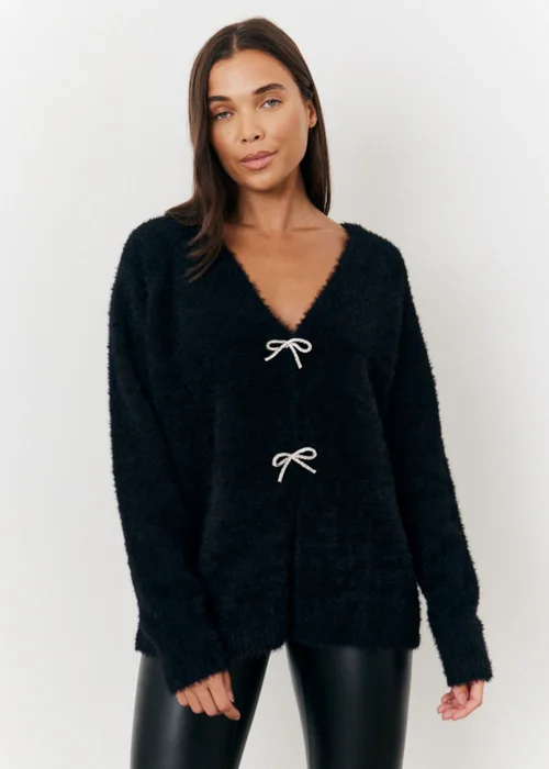 In The Style Stacey Solomon Black Fluffy Knit Embellished Bow Detail Cardigan - 06-08 Image 3