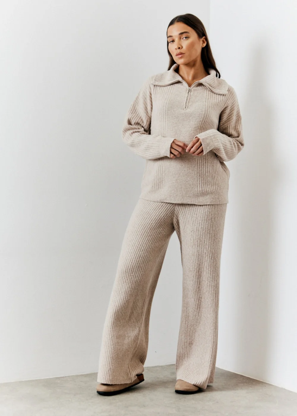 In The Style Hannah Brown Camel Knit Wide Leg Trousers - 14-16 Image 1