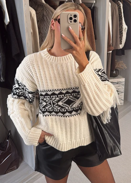 In The Style Perri Sian Cream Aztec Fringe Jumper - 06-08 Image 2