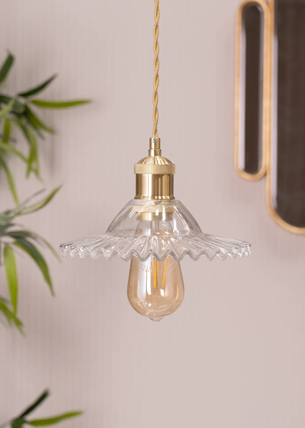 ValueLights Lucrezia Brushed Gold Pendant Light Clear Frilled Glass Shade (112cm x 21.5cm x 21.5cm) - One Size Image 1