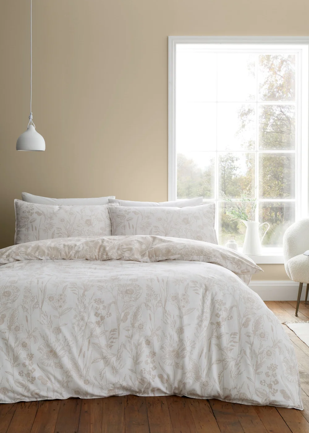 Bianca Fine Linens Brushed Cotton Floral Toile Reversible Duvet Cover Set Natural - Single Image 1